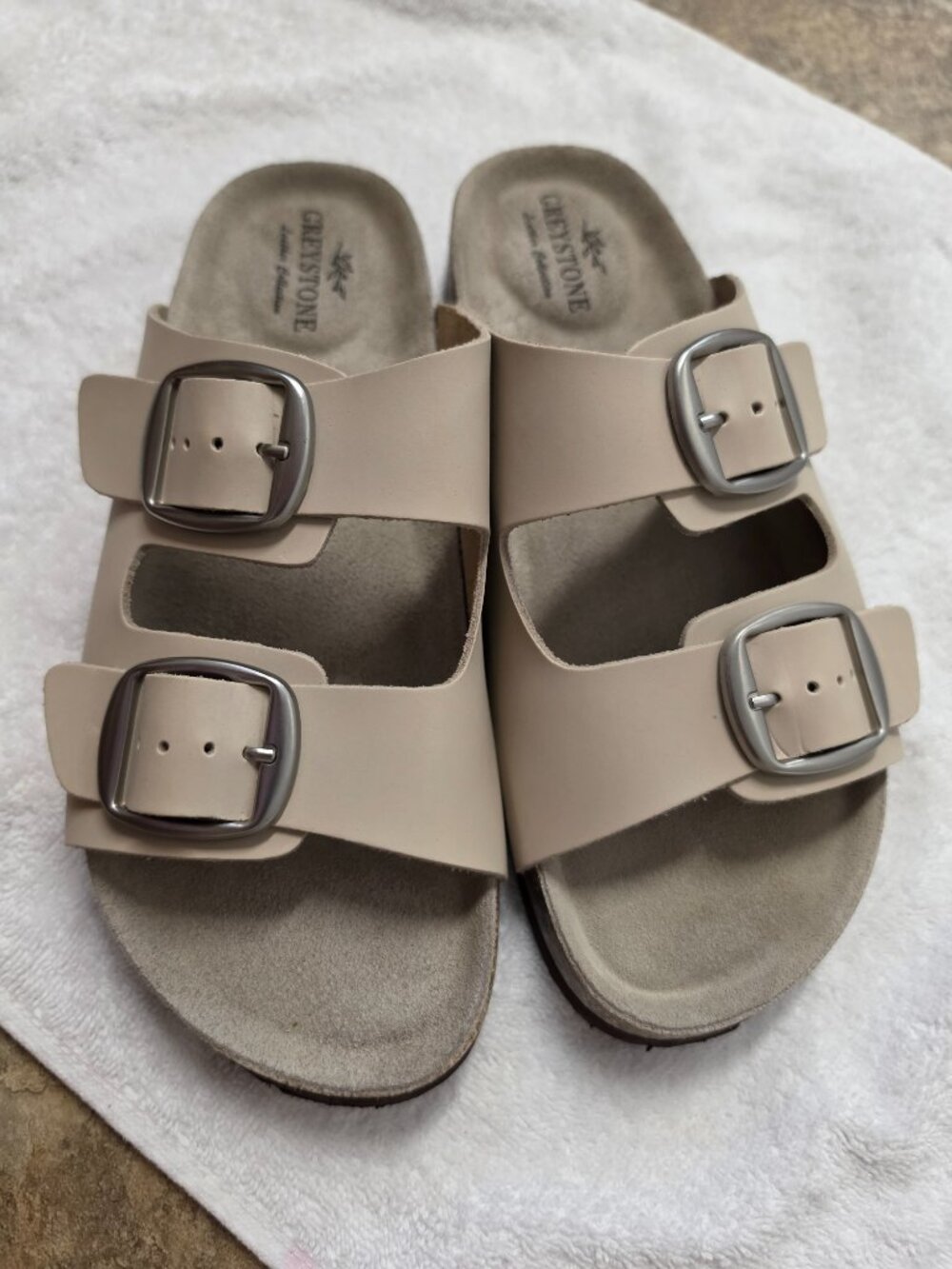 Women's Footbed sandals adjustable straps beige suede leather and silver buckles